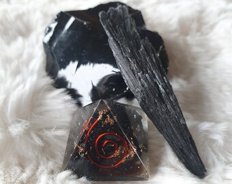 Spiritual Protection Crystal Bundle - Black Obsidian, Black Kyanite & Black Tourmaline Orgone Pyramid - Reiki Charged