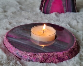 Pink Agate Slice Tealight Holder - Reiki Infused - with a Clear Quartz Crystal Chip Soy Wax Handmade Tealight included