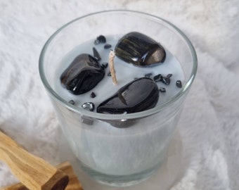 Blue Tigers Eye Healing Crystal Candle with Hematite Crystal chips - 300ml - Sandalwood & Vanilla - Reiki Charged