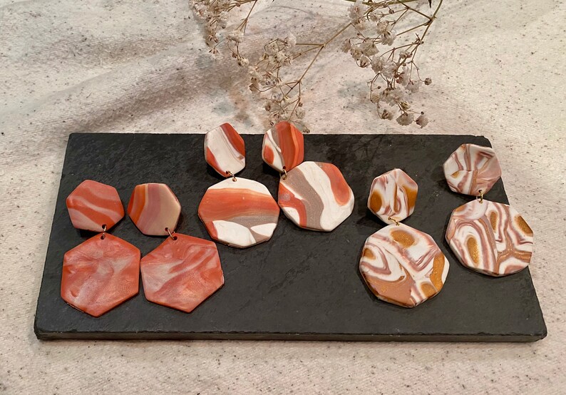 Handmade earrings Hexagon marble mix