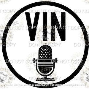 May include: Black and white graphic of a microphone with the word "VIN" in a circle. The background is a white with a gold glitter effect.
