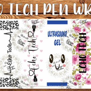 May include: Pen wraps with various designs, including floral patterns, leopard print, and ultrasound-themed graphics. The text "Echo Tech" is prominently displayed, along with the words "Ultrasound Gel". The wraps feature a variety of colors, including pink, blue, and white.
