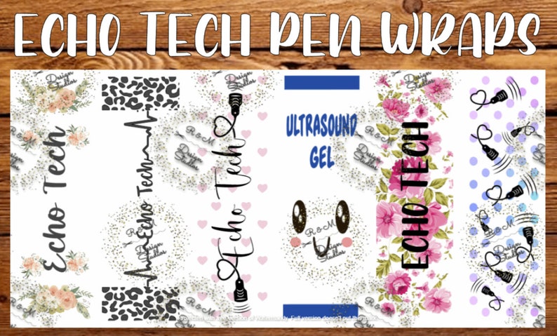 May include: Pen wraps with various designs, including floral patterns, leopard print, and ultrasound-themed graphics. The text "Echo Tech" is prominently displayed, along with the words "Ultrasound Gel". The wraps feature a variety of colors, including pink, blue, and white.