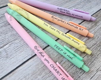 Set of 5 Pastel Respiratory Therapy Pens | Funny RT Quotes | Black Ink | RT Week Gifts