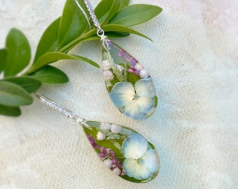 Hydrangea Sterling Silver Earrings. Hydrangea resin earrings. Real flower earrings. Silver Earrings. Flower Earring.