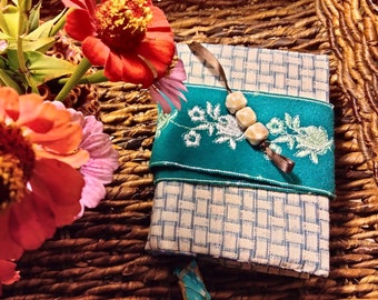 Handmade Book Cover; In This Moment Daily Meditation Book; CoDA literature; Meditation Book Jacket; Blue Book Jacket; Beaded Ribbon Bookmark