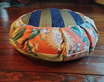 Handmade Zafu Meditation Cushion: Upcycled Vintage Fabrics, Buckwheat Fill