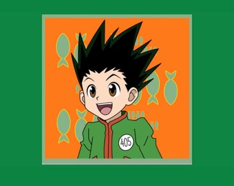 May include: A cartoon illustration of a young boy with black hair and a green jacket. He is smiling and wearing a badge with the number 405 on it. The background is orange with a pattern of green fish.