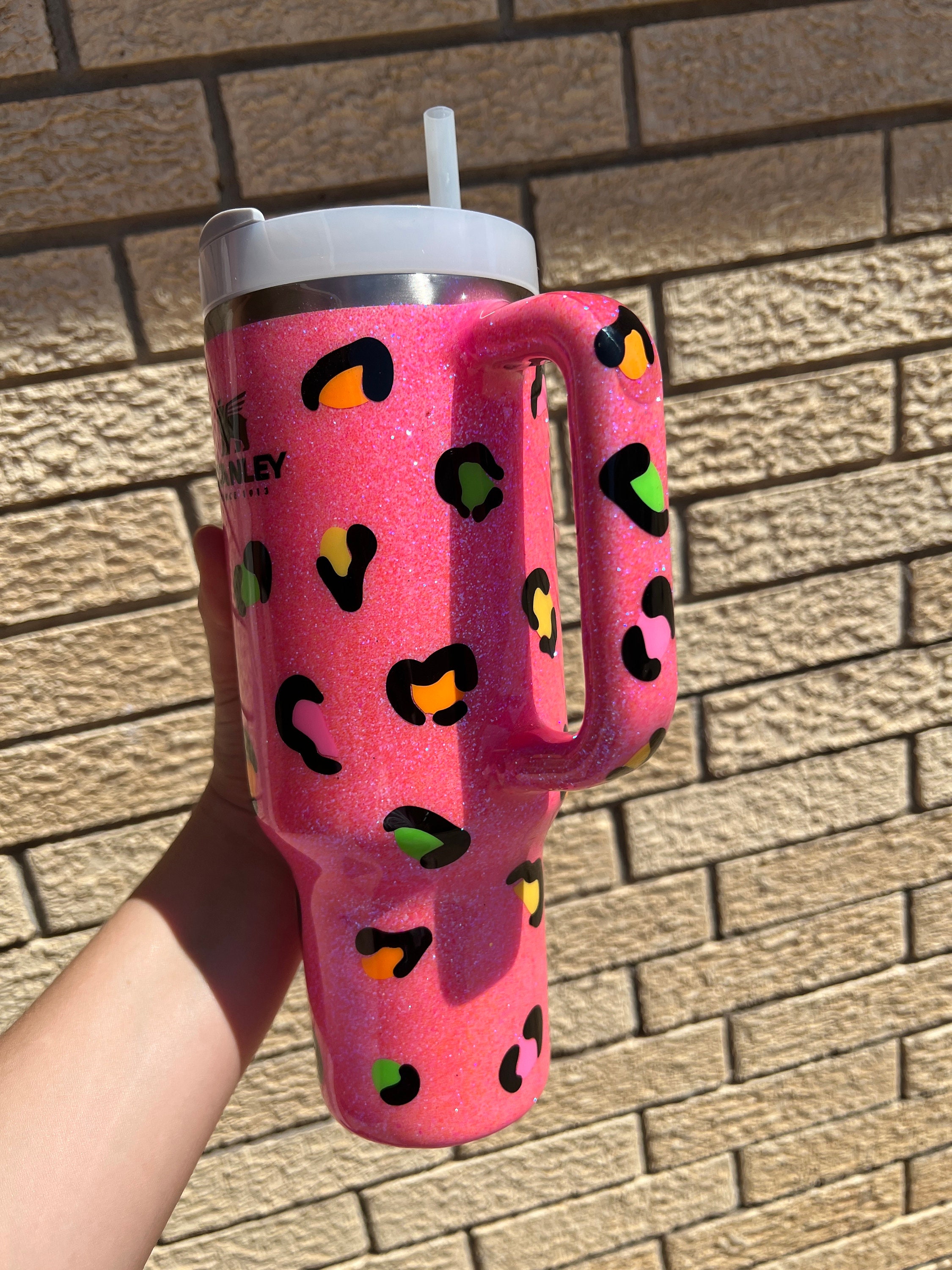 Customized Hot Pink Leopard Glitter Stanley Tumbler Pink 