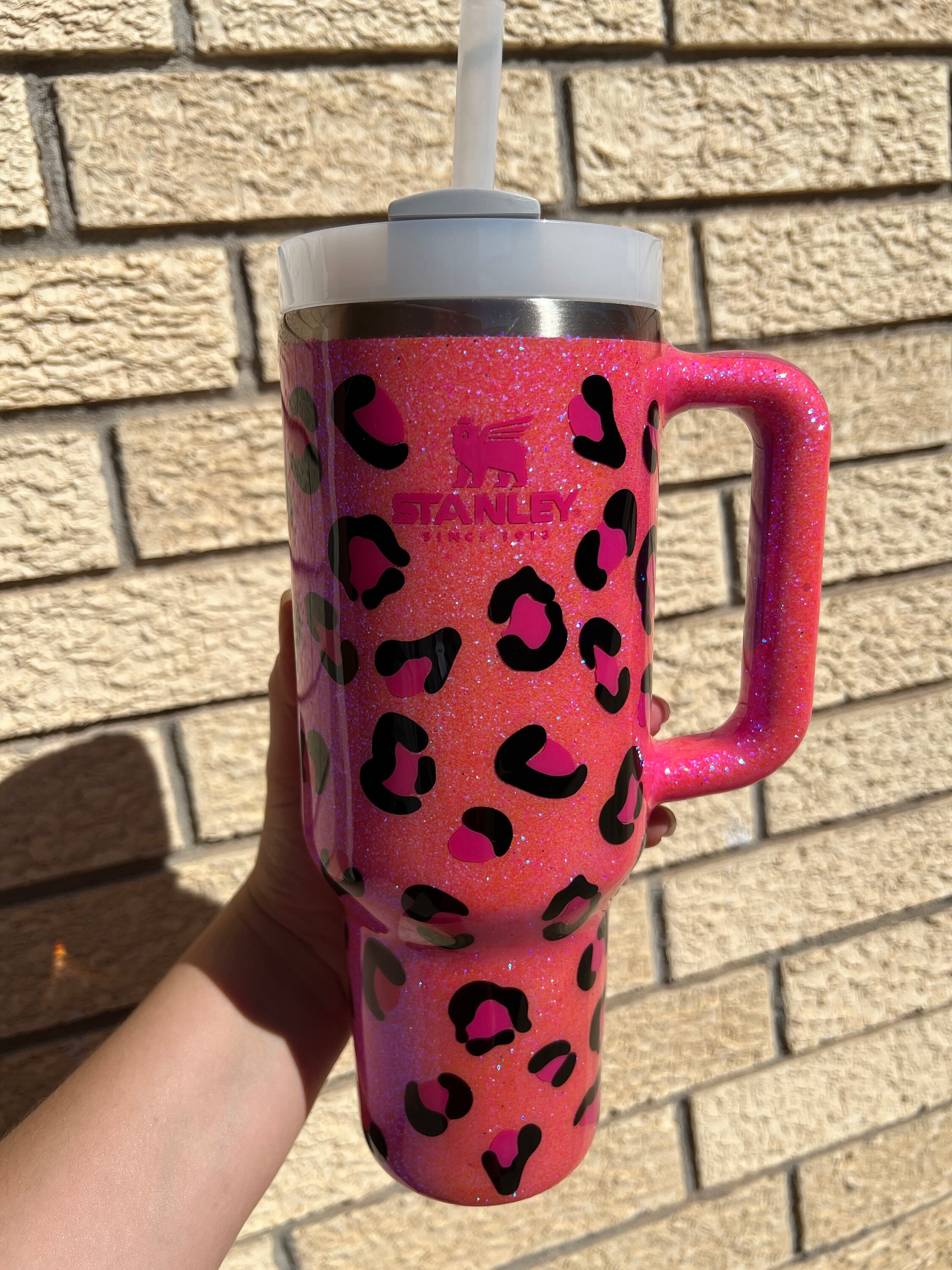 Customized Hot Pink Leopard Glitter Stanley Tumbler Pink 