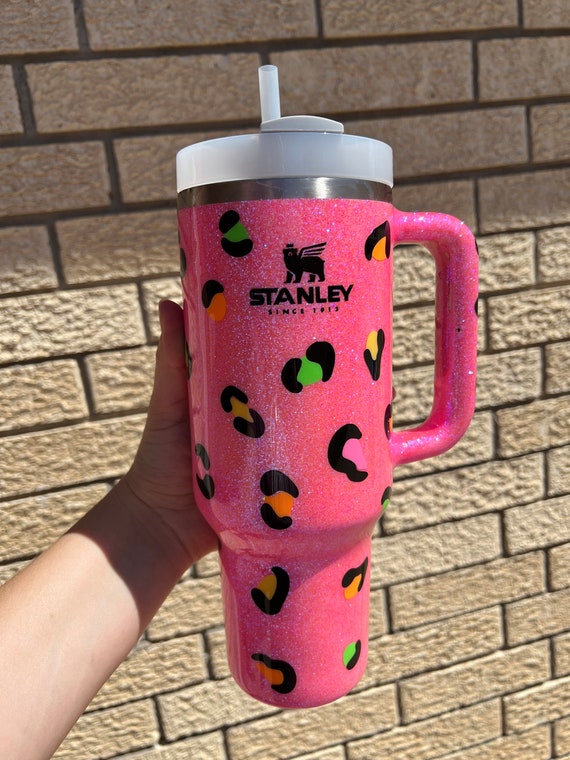 Customized Hot Pink Leopard Glitter Stanley Tumbler Pink 