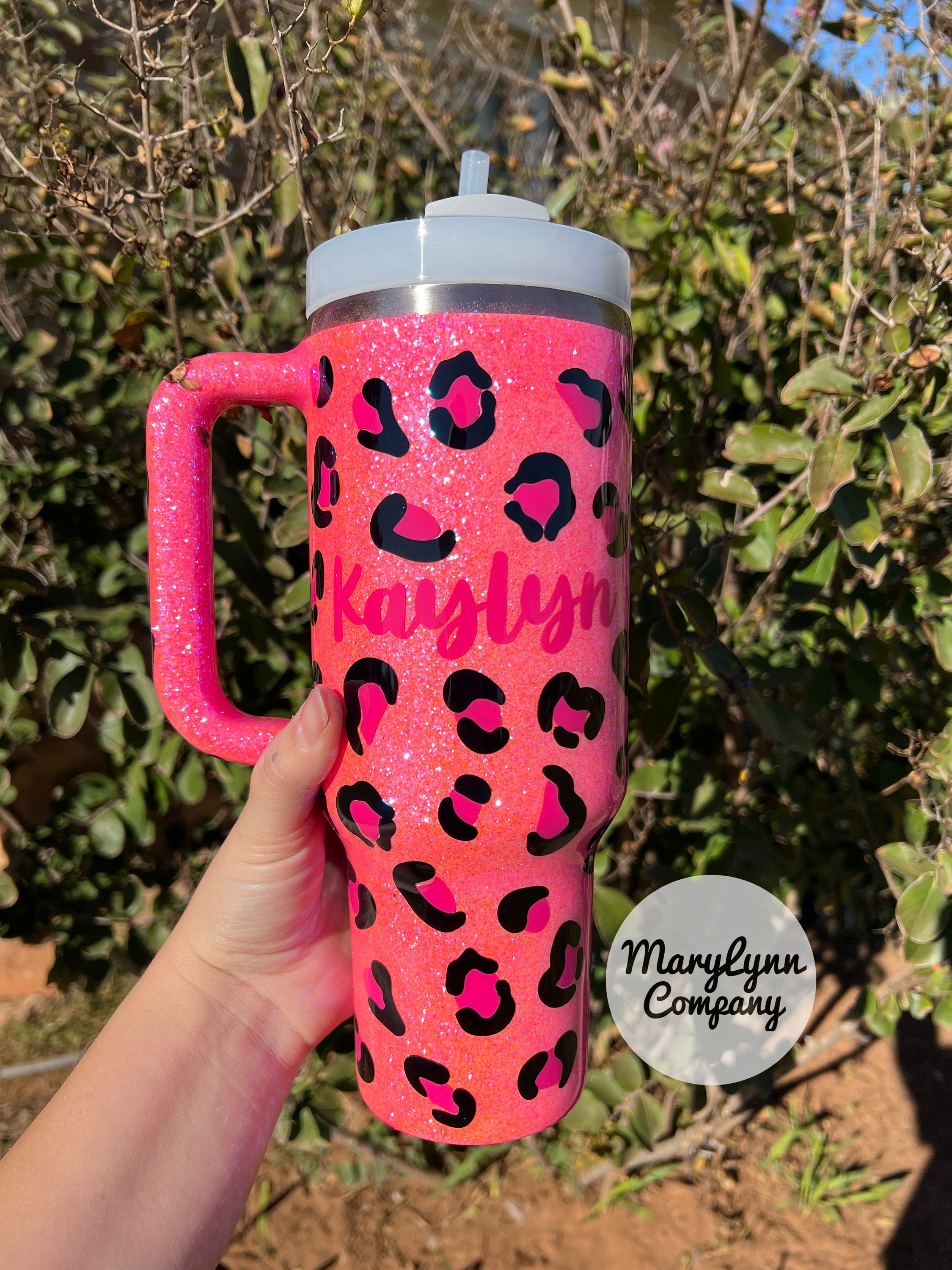 Pink and Teal Leopard Glitter - Large Tumbler w/ Straw