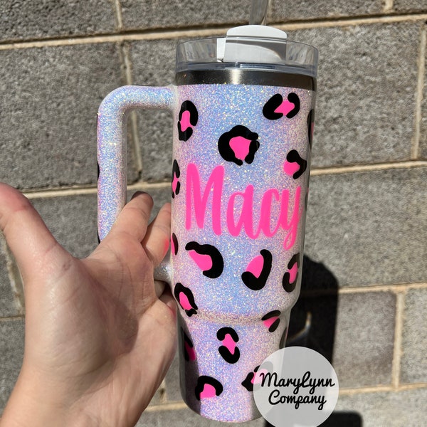 Customized Iridescent Glitter Leopard Print Stanley Tumbler