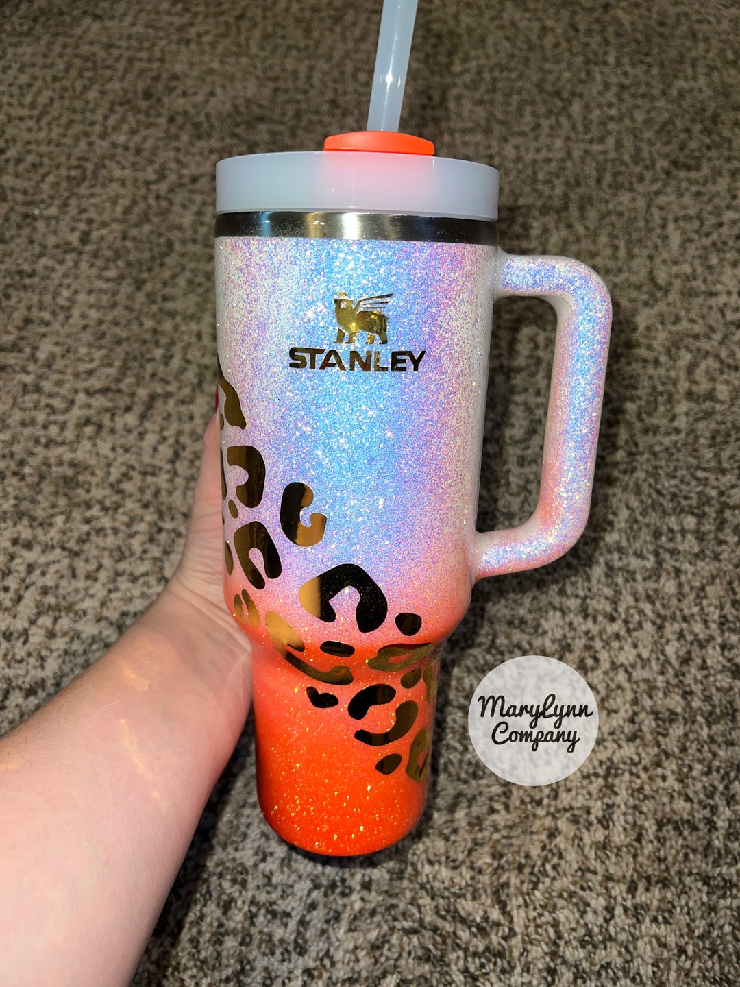 Customized Glitter Ombre Stanley Tumbler With Leopard Swirl Ombré