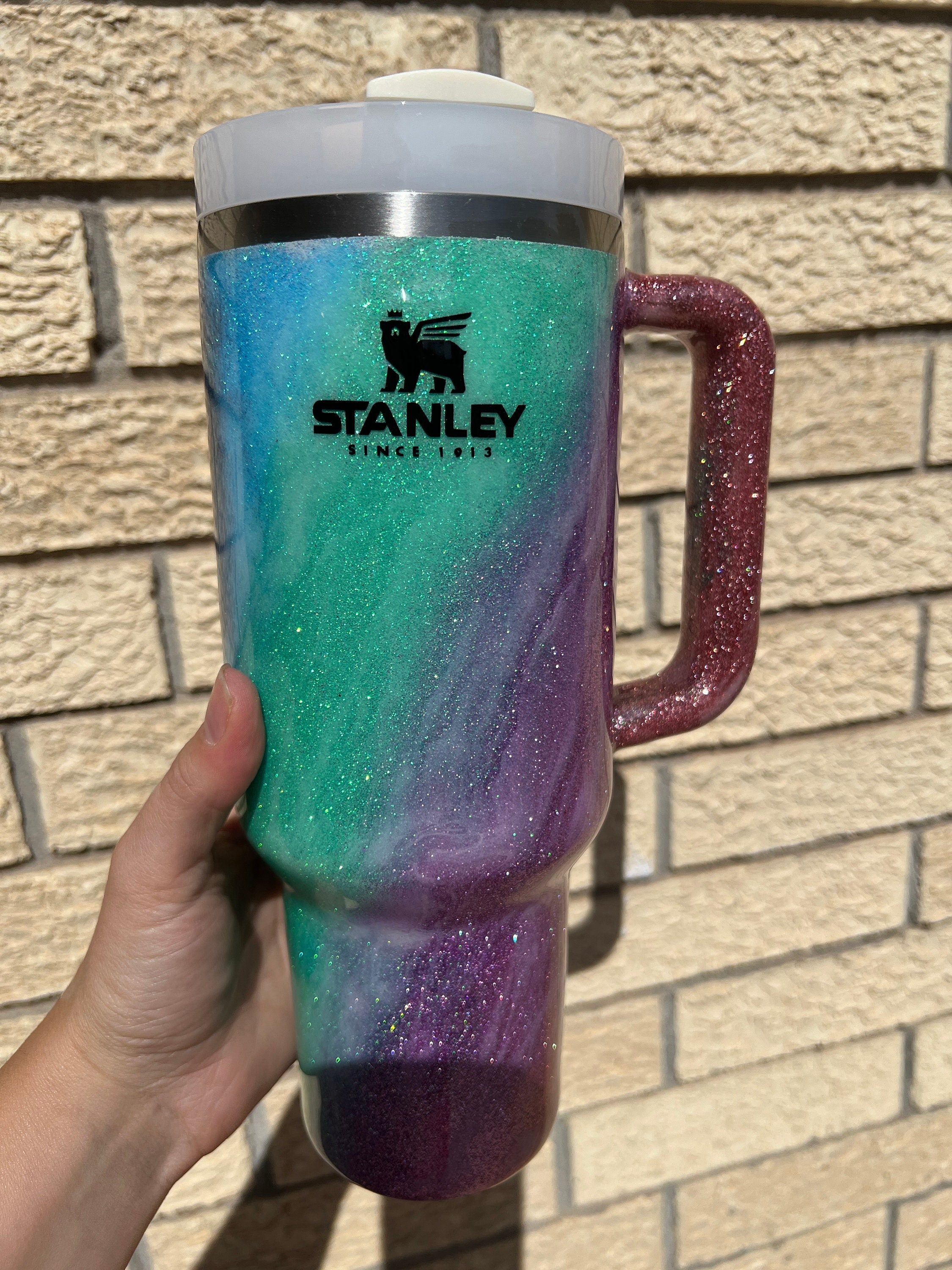 Customized Rainbow Swirl Glitter Stanley Tumbler Personalized