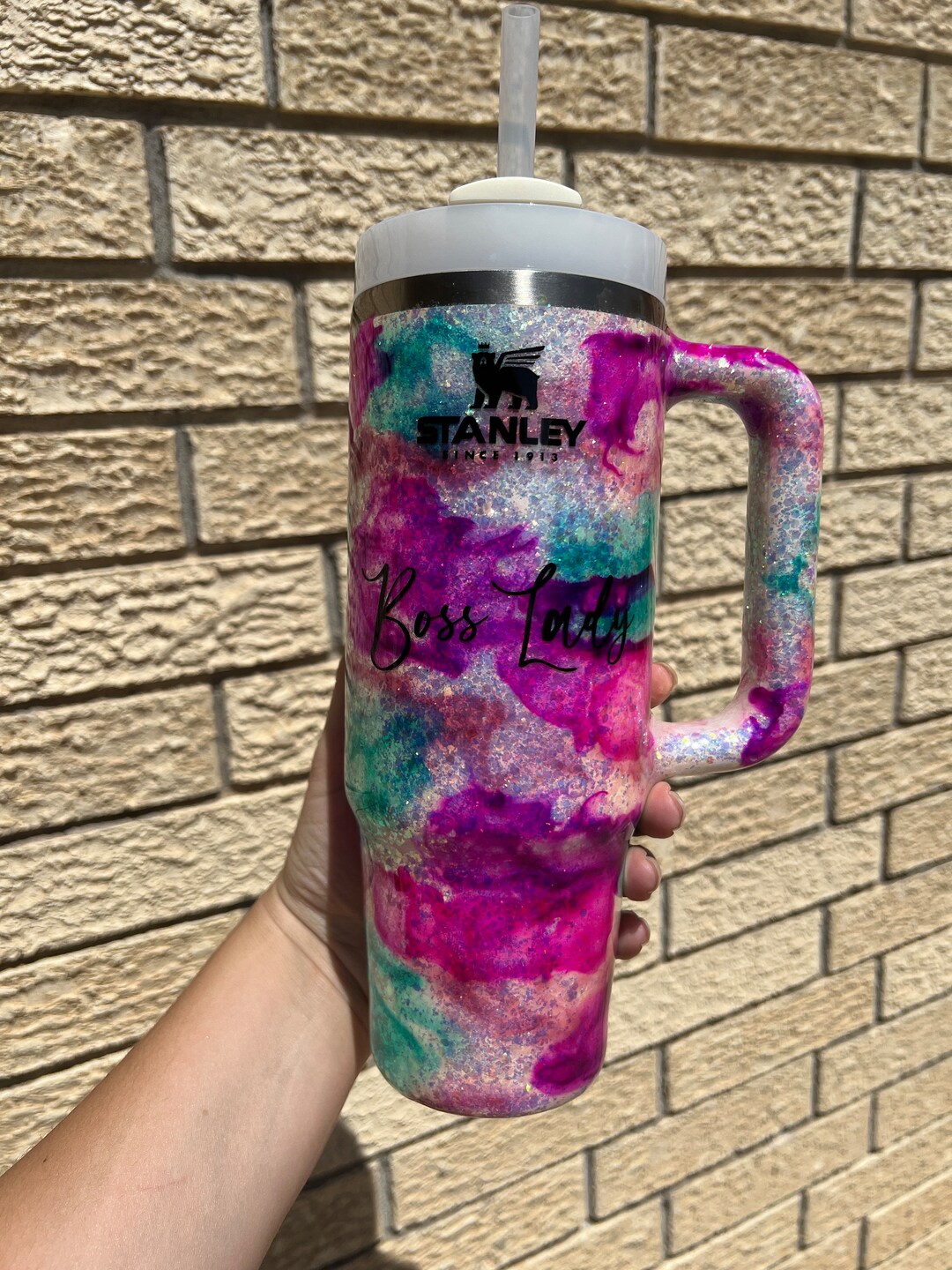 Customized Tie Dye Swirl Glitter Stanley Tumbler Personalized Tie Dye