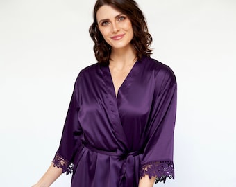 Plum Bridesmaid Satin Robe, Violet Bridal Party Lace Trim Robe