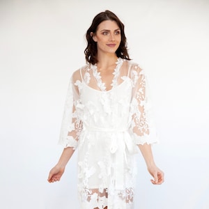 Full Lace Bridal Robe, party robes, White Lace Embroidered Bride Robe, Getting ready Lace Robe