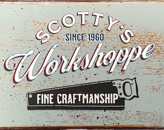 Personalized Metal Workshop Sign, Retro Garage Decor