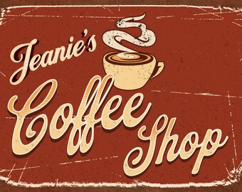 Personalized Coffee Bar Sign Vintage Style Metal Kitchen Sign for Home Decor. Personalize with your favorite coffee lover's name. great gift