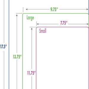 Puede incluir: Diagrama que muestra tres tama&ntilde;os diferentes de marcos rectangulares, etiquetados como "X-Large", "Large" y "Small". El marco X-Large mide 11,75 pulgadas por 17,5 pulgadas, el marco Large mide 9,75 pulgadas por 13,75 pulgadas y el marco Small mide 7,75 pulgadas por 11,75 pulgadas.