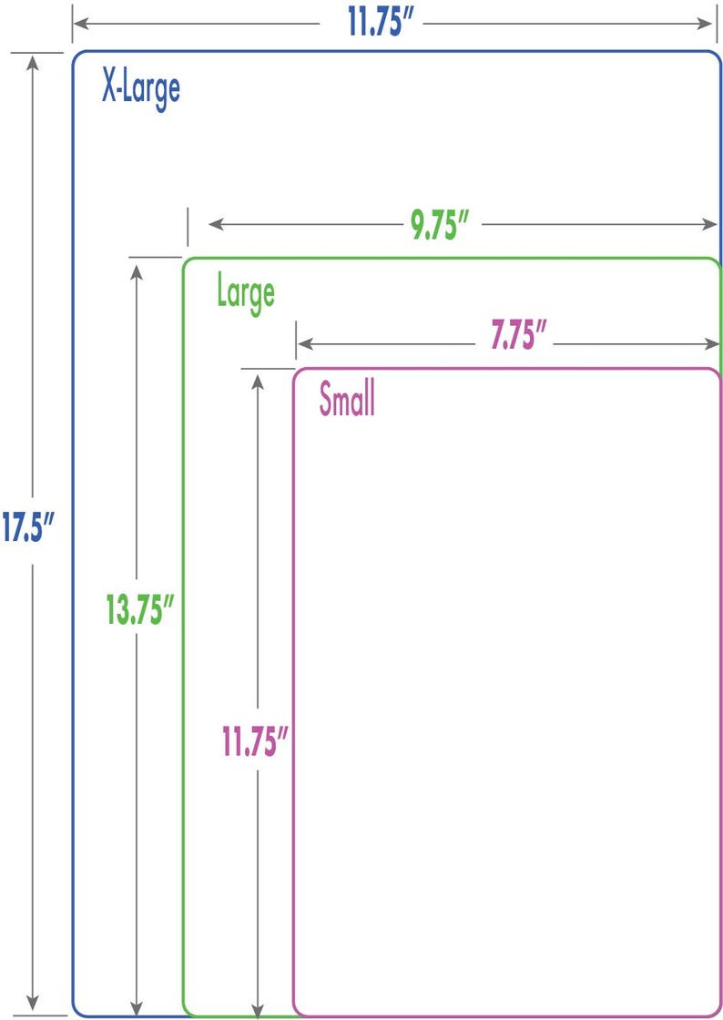 Puede incluir: Diagrama que muestra tres tama&ntilde;os diferentes de marcos rectangulares, etiquetados como "X-Large", "Large" y "Small". El marco X-Large mide 11,75 pulgadas por 17,5 pulgadas, el marco Large mide 9,75 pulgadas por 13,75 pulgadas y el marco Small mide 7,75 pulgadas por 11,75 pulgadas.