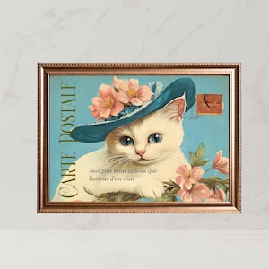 Vintage-style French postcard, cat postcard for framing, white kitty with hat, PRINTABLE Digital Download