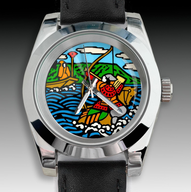 May include: A stainless steel wristwatch with a black leather band. The watch face features a colorful illustration of a warrior with a bow and arrow, a boat, and a landscape with blue water and green hills.