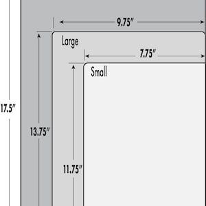 May include: Diagram showing three sizes of rectangular mats: X-Large (11.75 inches by 17.5 inches), Large (9.75 inches by 13.75 inches), and Small (7.75 inches by 11.75 inches).