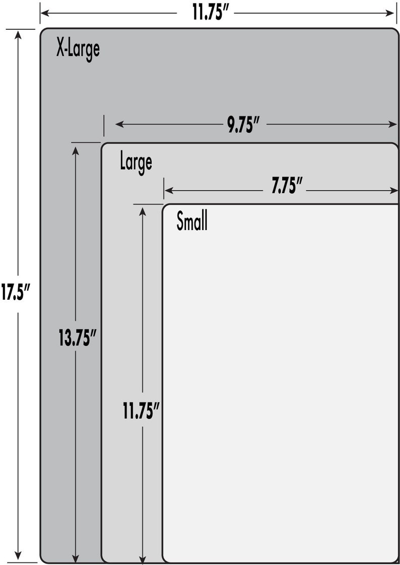 May include: Diagram showing three sizes of rectangular mats: X-Large (11.75 inches by 17.5 inches), Large (9.75 inches by 13.75 inches), and Small (7.75 inches by 11.75 inches).