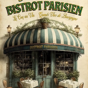 Może przedstawiać: Winietkowa ilustracja paryskiego bistro z pasiastym daszkiem, szyldem z napisem "Danielle's Bistrot Parisien Le Coq au Vin Grands Vins de Bourgogne" oraz dwoma stolikami z krzesłami na zewnątrz.