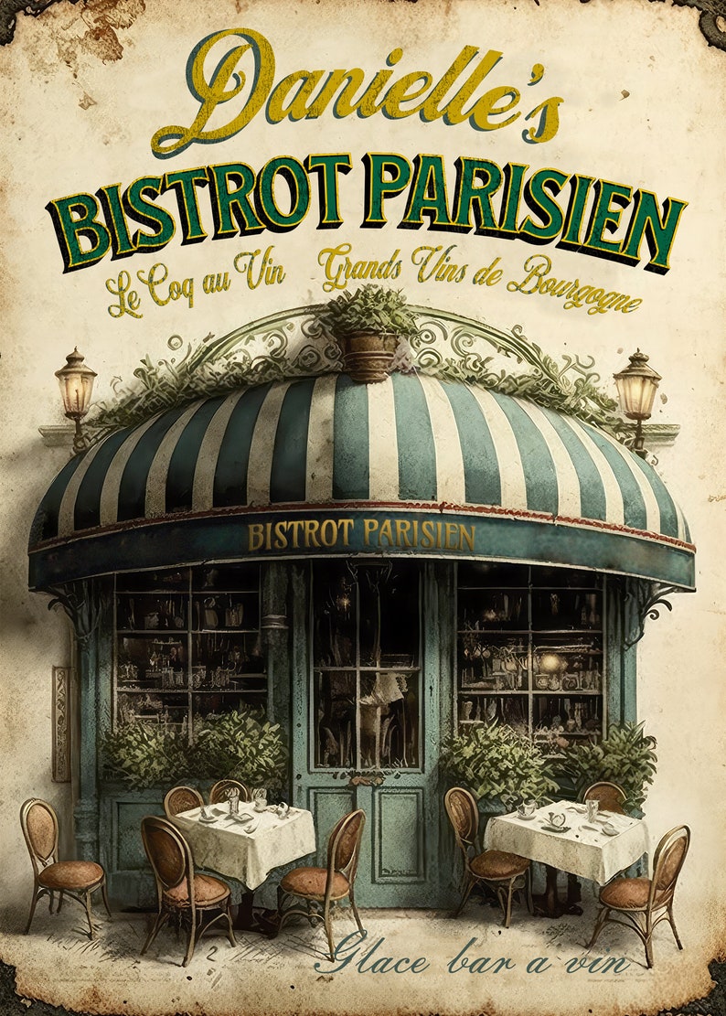 Może przedstawiać: Winietkowa ilustracja paryskiego bistro z pasiastym daszkiem, szyldem z napisem "Danielle's Bistrot Parisien Le Coq au Vin Grands Vins de Bourgogne" oraz dwoma stolikami z krzesłami na zewnątrz.