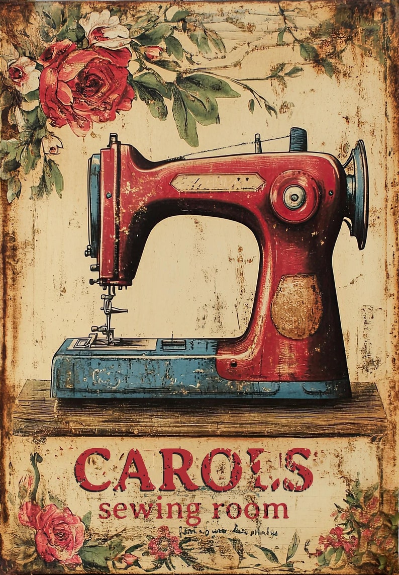 May include: A vintage-style sign with a red sewing machine and floral accents. The sign reads "CAROL'S sewing room".