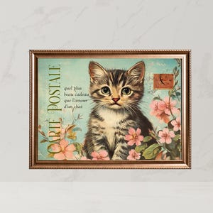 Vintage-style French postcard, cat postcard for framing, grey and white kitty, PRINTABLE Digital Download