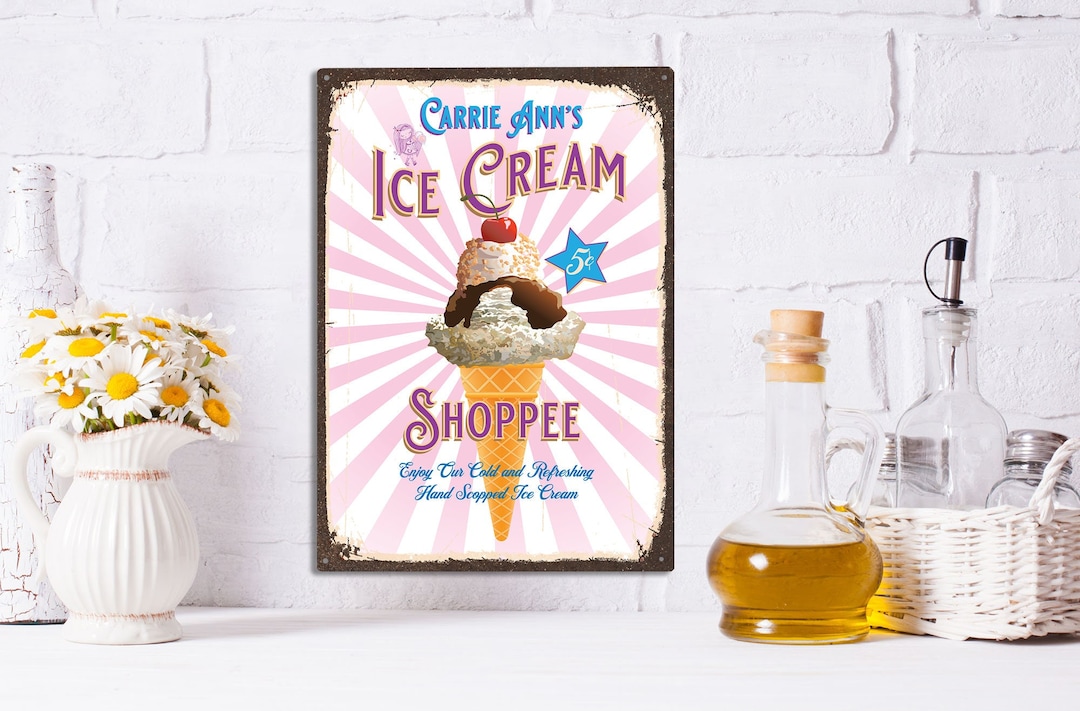 Personalized Ice Cream Shop Sign, Vintage Style Retro Metal Sign for