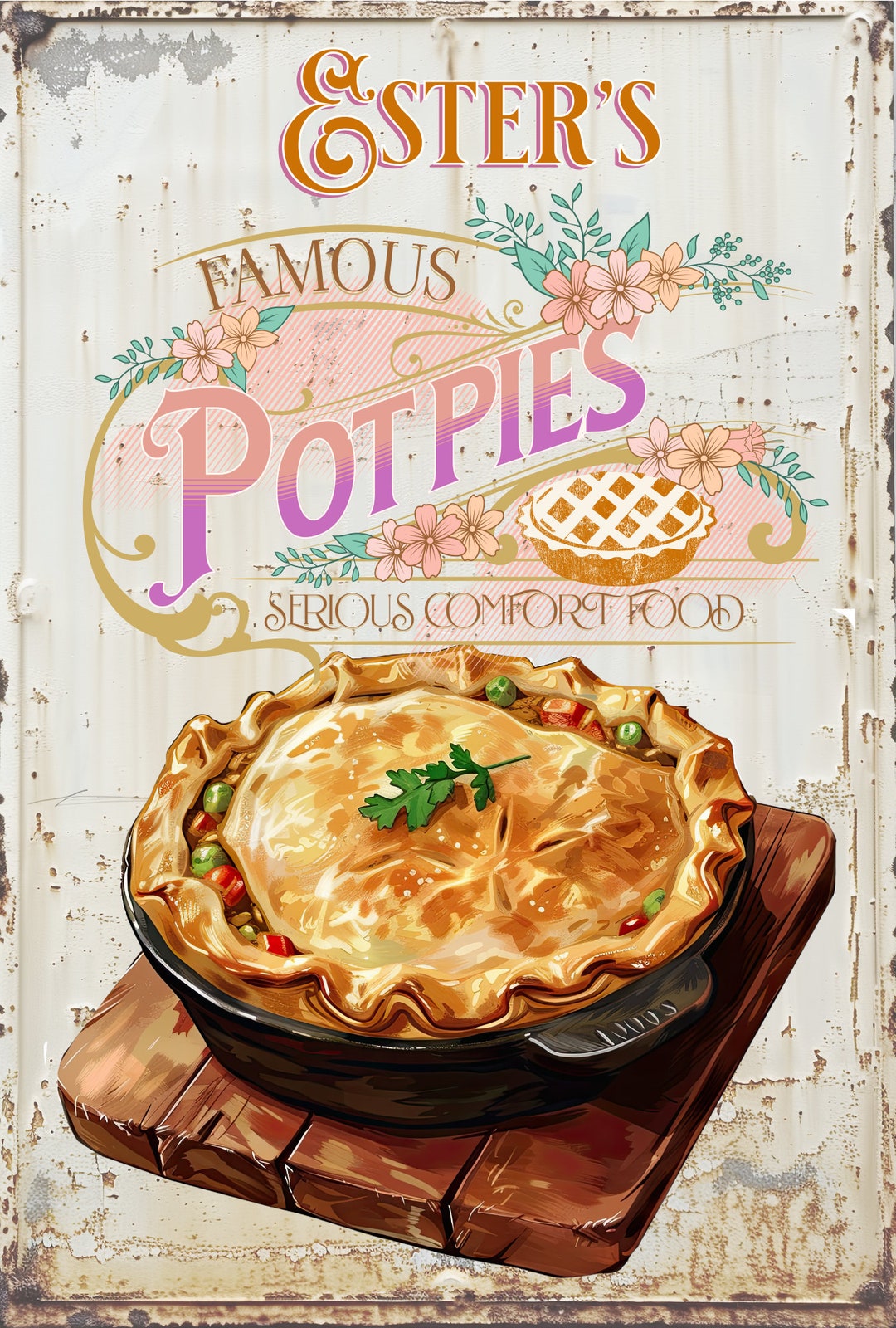 Pot Pie Sign, Personalized. Vintage Style Retro Metal Sign for