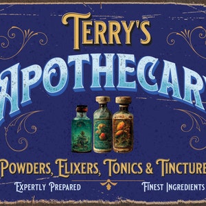 Apothecary Sign Personalized Vintage-Style Retro Metal Sign. Home Decor Wall Art for office or den. Personalize with any name.