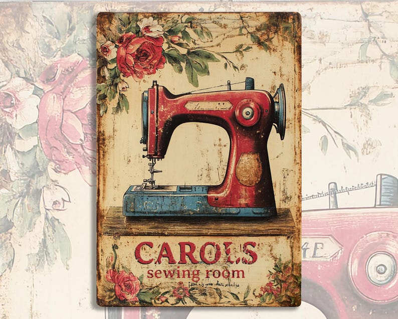 May include: Vintage-style metal sign with a red sewing machine and floral accents. The sign reads "Carol's Sewing Room".
