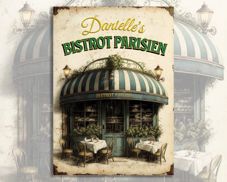 Może przedstawiać: Tablica w stylu vintage z zielonym daszkiem i tekstem "Danielle's Bistrot Parisien". Tablica przedstawia uroczy rysunek paryskiego bistro ze stolikami i krzesłami na zewnątrz.