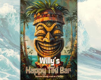 Personalized Tiki Bar Sign Custom Personalized Metal Wall Art for Home Decor. Happy Tiki Bar Sign Hawaii Islands Vintage-style