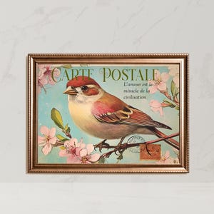 Vintage-style French postcard, Bird Postcard for framing, Russet Sparrow, Flowers, PRINTABLE Digital Download