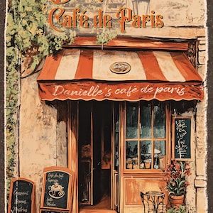 Puede incluir: Una ilustraci&oacute;n de estilo vintage de una cafeter&iacute;a parisina llamada "Danielle's Caf&eacute; de Paris". La cafeter&iacute;a tiene un toldo a rayas rojo y blanco, una gran ventana y una peque&ntilde;a mesa y sillas afuera. La cafeter&iacute;a est&aacute; rodeada de flores y vegetaci&oacute;n.