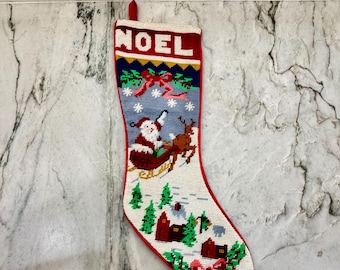 Vintage Handmade Needlepoint Christmas Stocking featuring Santa Claus Sleigh Scene,  20" long.