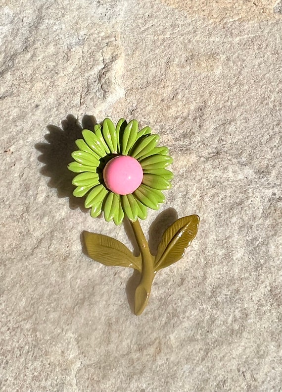 Vintage Pink & Green Flower Pin, 1970’s