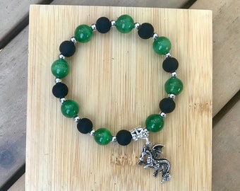 Dragon Jewelry! Green, Black & Silver Beaded Bracelet with Dragon Charm