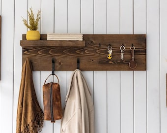 Patère en bois avec étagère - décoration de ferme - organisateur d'entrée - porte-manteau - patères - porte-manteau en bois rustique - cadeau de pendaison de crémaillère