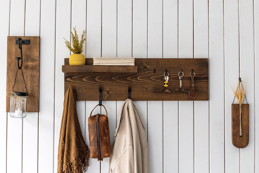 Wooden Coat Hook Rack With Shelf Farmhouse Decor Entryway Organizer