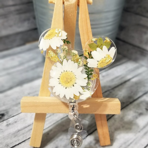 Flower Mouse Ear Badge Reel: Handmade Resin ID Badge