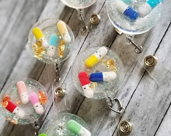 Glitter Pill Badge Reel: Pharmacy Tech Nurse ID Holder