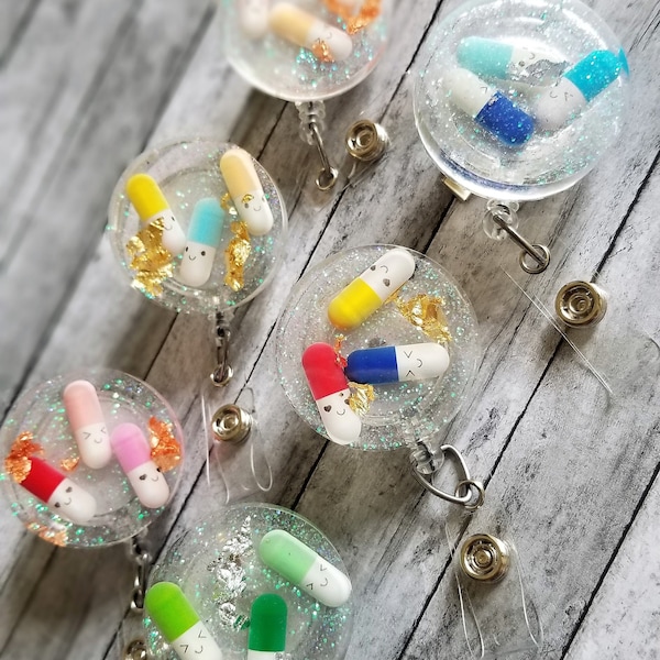 Glitter Pill Badge Reel: Pharmacy Tech Nurse ID Holder